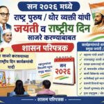 सन २०२६ मध्ये राष्ट्र पुरुष / थोर व्यक्ती यांची जयंती व राष्ट्रीय दिन साजरे करण्याबाबत national day ...
